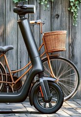 E-Roller steht vor altmodischem Fahrrad